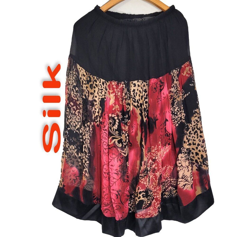 Women's 100% Silk Size XXS XS S M L A-Line Layered Skirt Elastic Waist SDK362